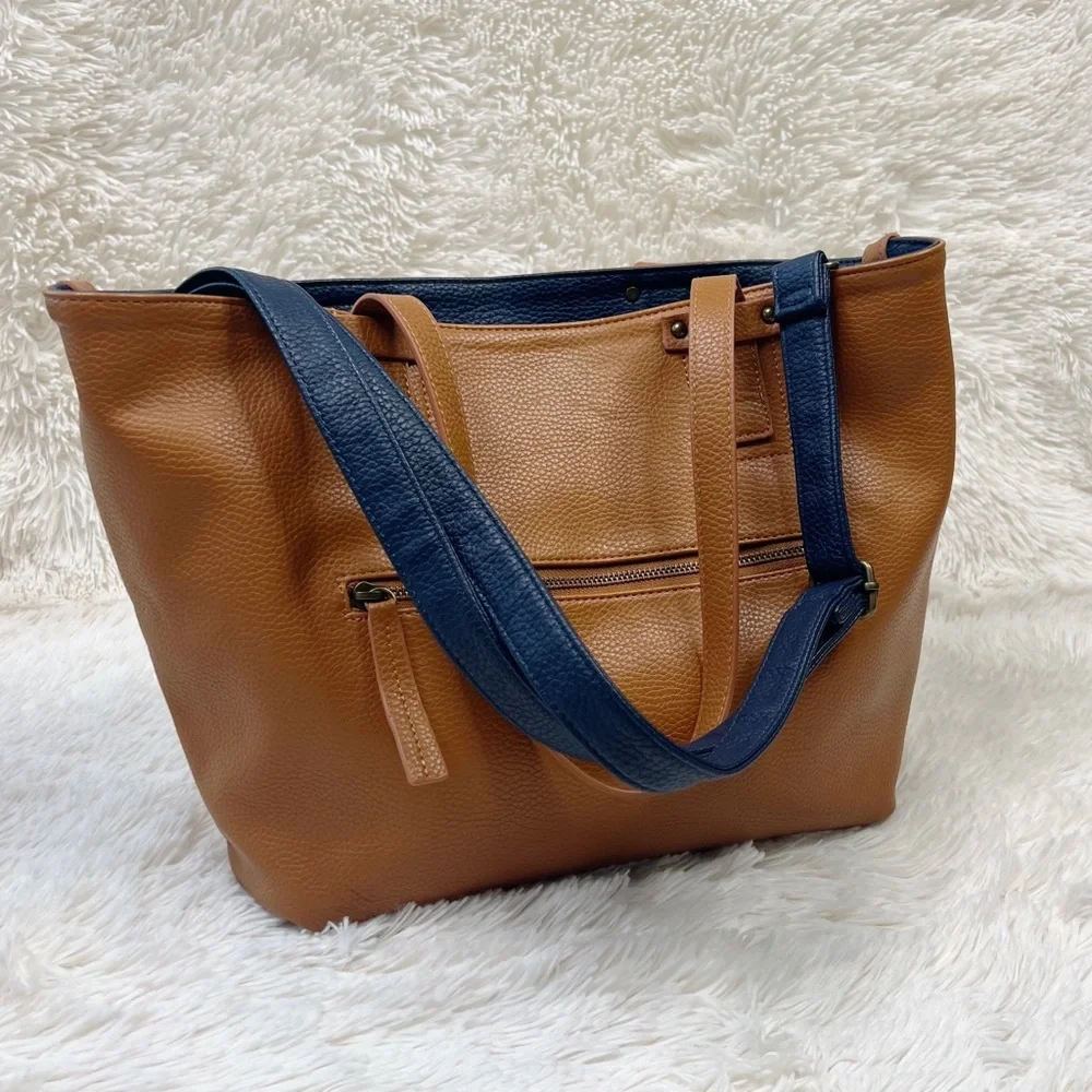G.H. Bass & Co caramel vegan leather tote bag with navy blue crossbody strap - Picture 1 of 16
